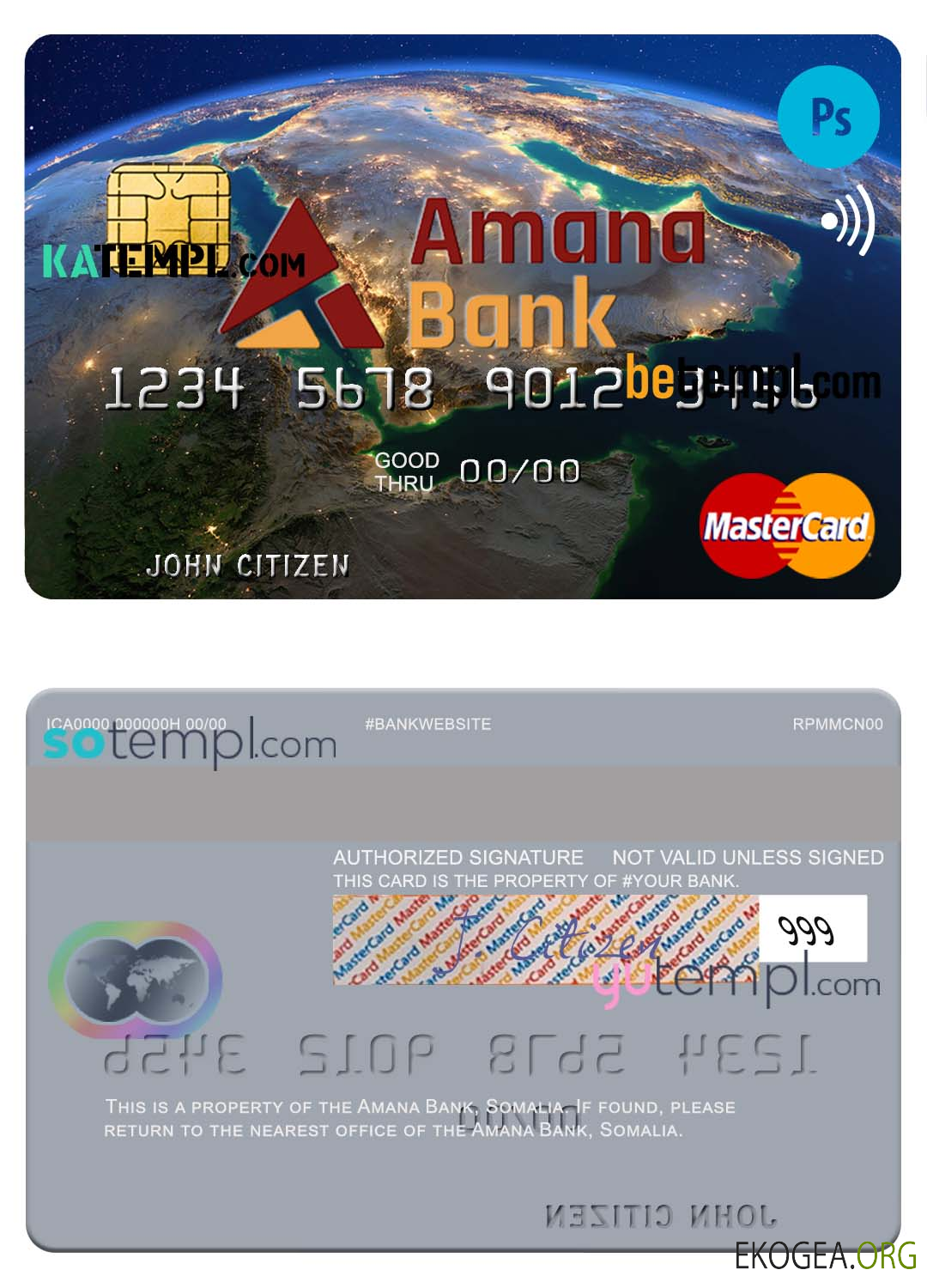 Modèle de carte de crédit mastercard Somalie Amana Bank au format PSD